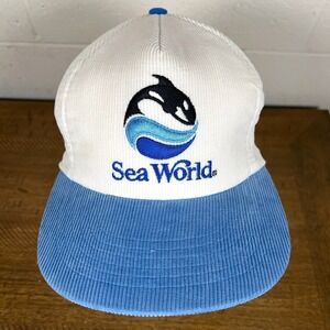 VTG‎ Sea World Hat Blue White Corduroy Snapback Cap Retro Whale Sportcap 90s